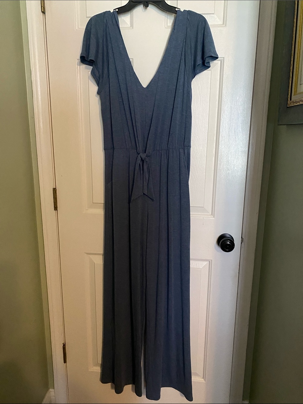 BeBop Slate Blue V-Neck Maxi Jumpsuit Dress with Tie Waist